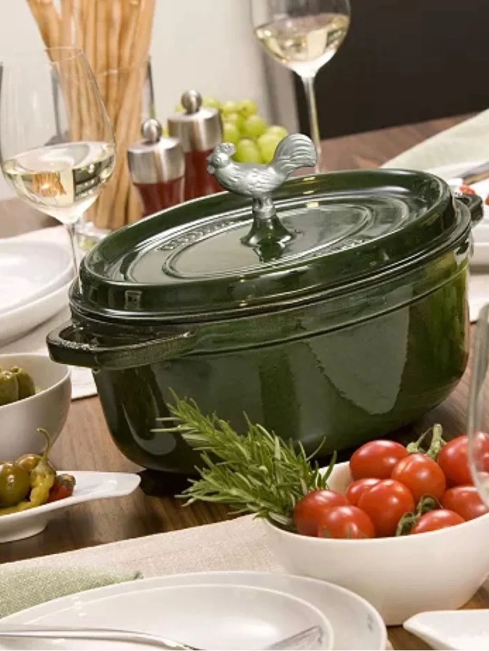 Staub Forest Green Round Dutch Oven with Rooster Knob